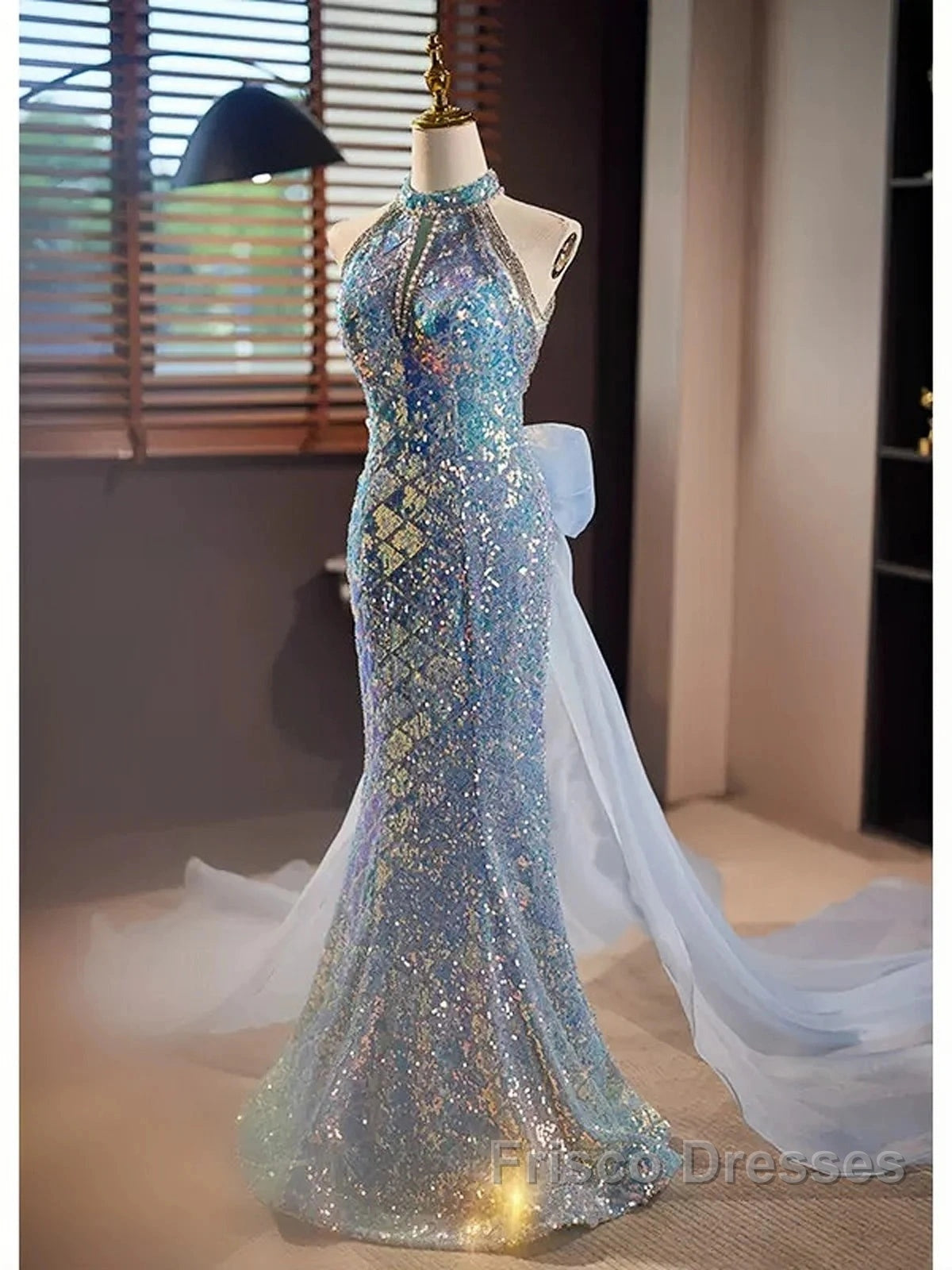 Blue Halter Beading Sequin Mermaid Formal Prom Dress With Detachable Bow