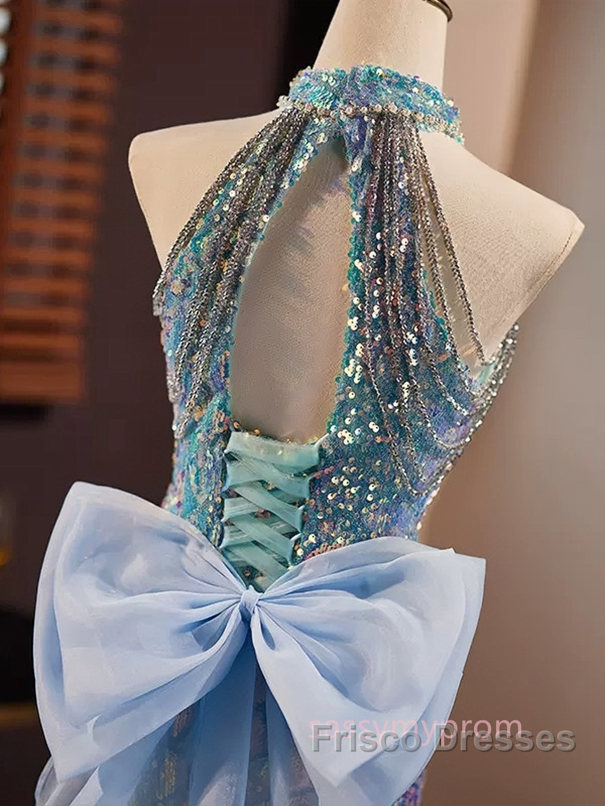Blue Halter Beading Sequin Mermaid Formal Prom Dress With Detachable Bow