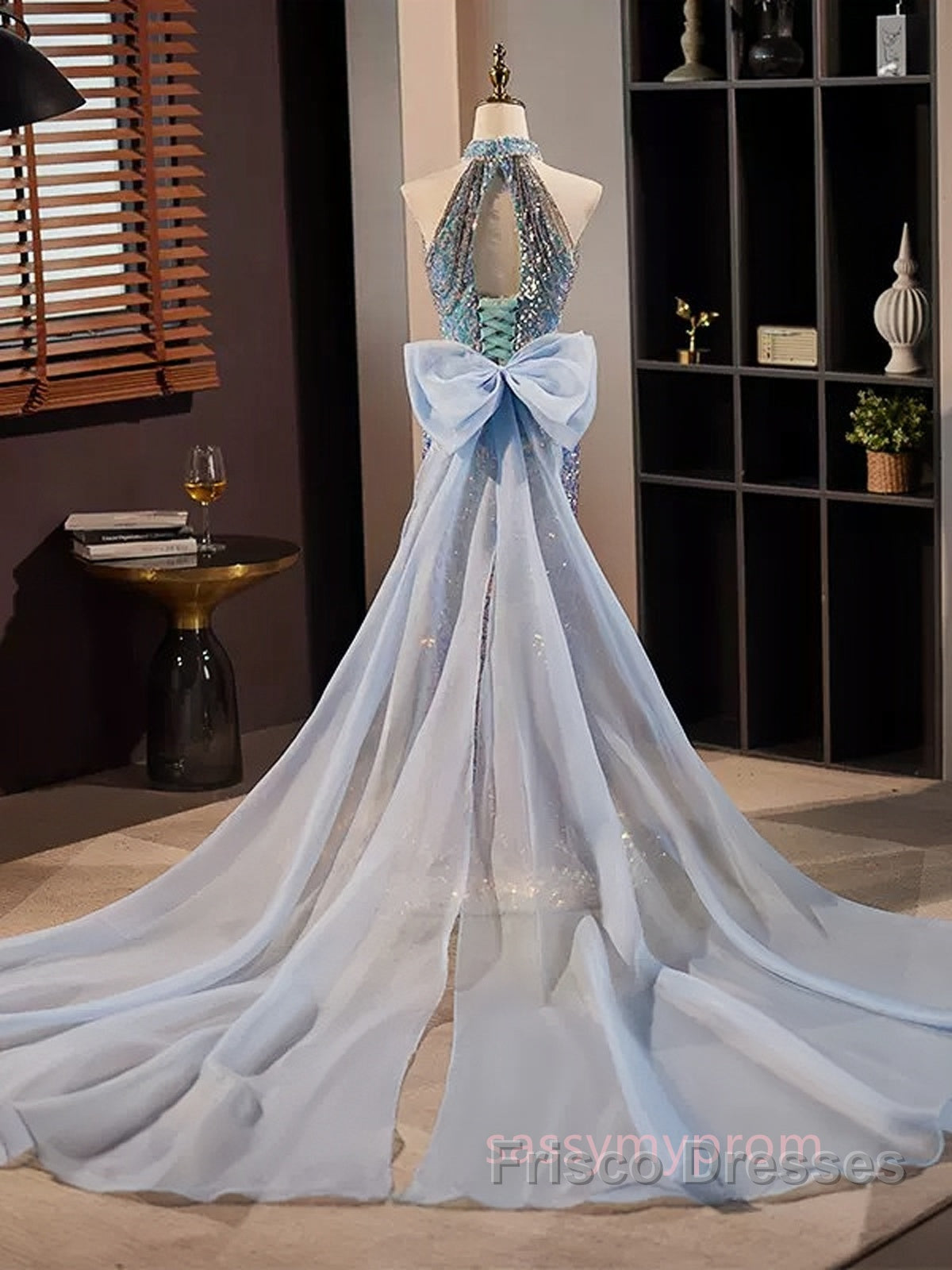 Blue Halter Beading Sequin Mermaid Formal Prom Dress With Detachable Bow