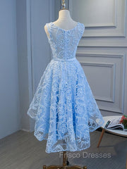 Blue High Low Lace Formal Prom Dress, Blue High Low Lace Graduation Homecoming Dress
