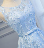 Blue High Low Lace Formal Prom Dress, Blue High Low Lace Graduation Homecoming Dress