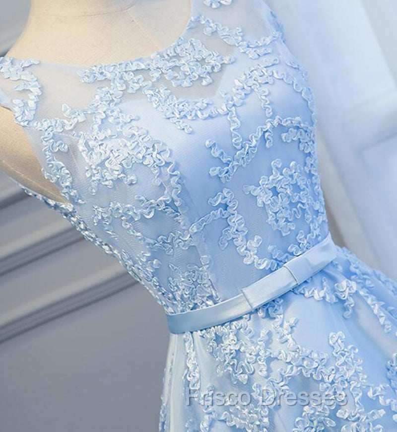 Blue High Low Lace Formal Prom Dress, Blue High Low Lace Graduation Homecoming Dress