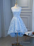 Blue High Low Lace Formal Prom Dress, Blue High Low Lace Graduation Homecoming Dress