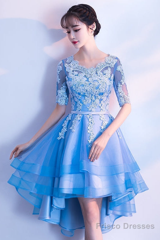 Blue High Low Tulle Party Dress , Cute Tulle Formal Dress With Lace Applique Secondary image