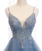 Blue High Low Tulle V-neckline Straps Party Dress with Lace, Cute Homecoming Dress