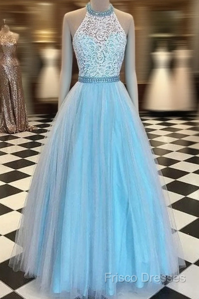 Blue High Neck Lace Tulle Long Formal Prom Dress, Blue Formal Dress