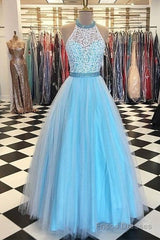 Blue High Neck Lace Tulle Long Prom Dress, Blue Evening Dress