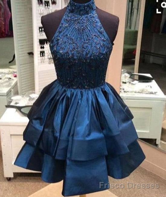 Blue High Neck Sequin Beaded Short Prom Dress, Cute Homecoming Dress Main image