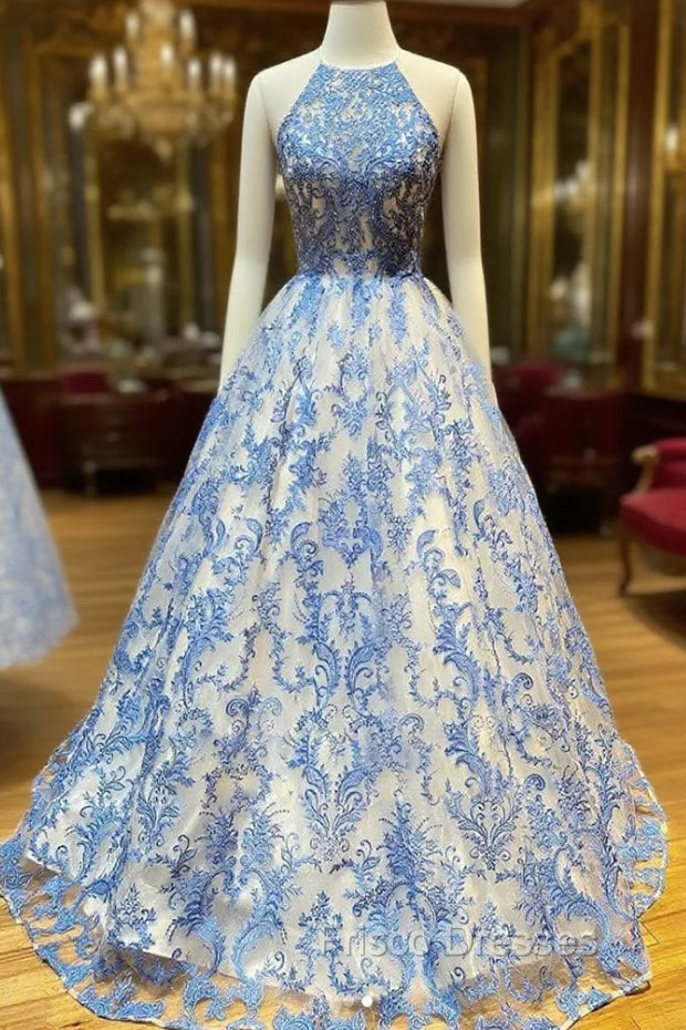 Blue High Neck Tulle Lace Long Formal Prom Dress Blue Lace Evening Dress Main image