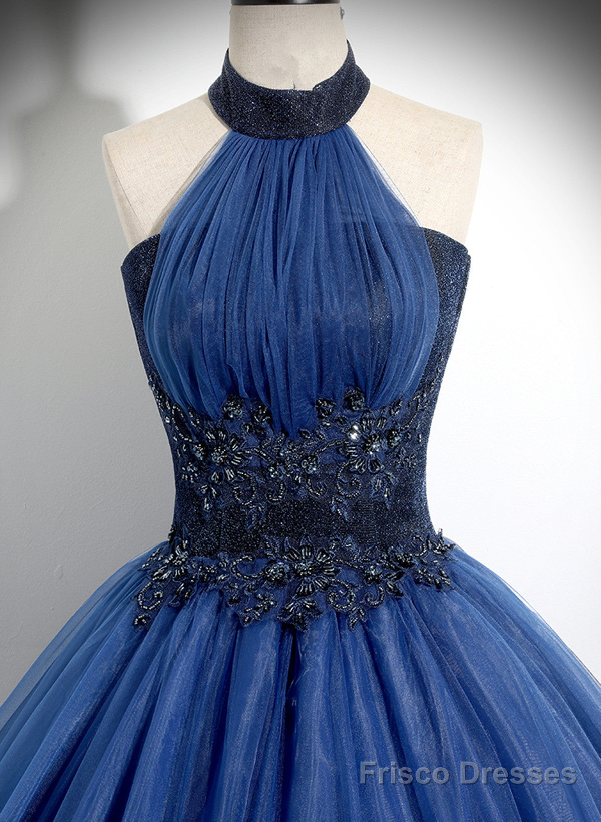 Blue High Neckline Ball Gown Formal Dress, Blue Tulle Sweet 16 Dress Party Dress Secondary image
