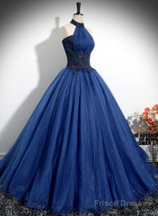 Blue High Neckline Ball Gown Formal Dress, Blue Tulle Sweet 16 Dress Party Dress