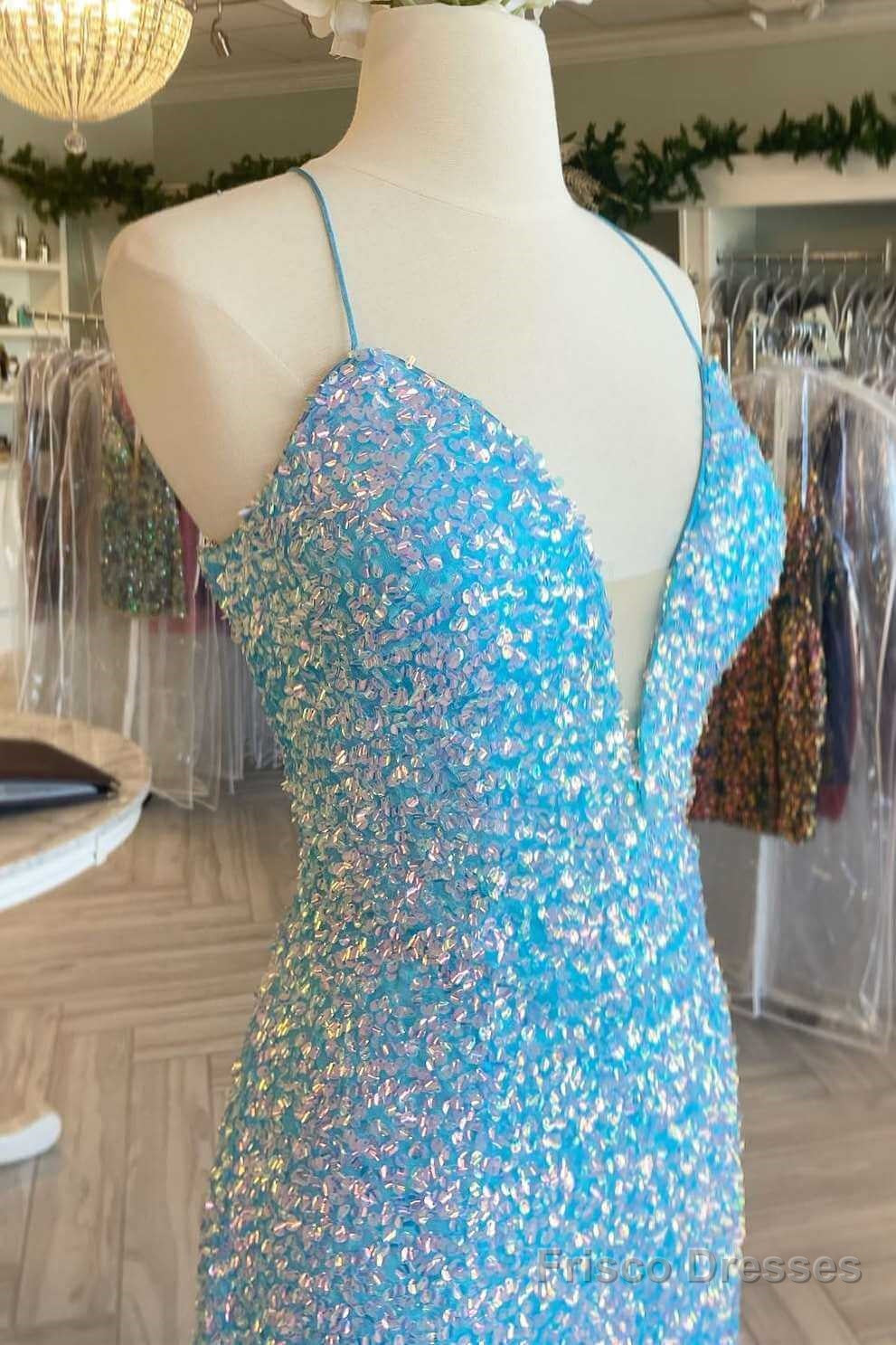 Blue Iridescent Sequin Prom Dresses V Neck Mermaid Graduation Dress Split
