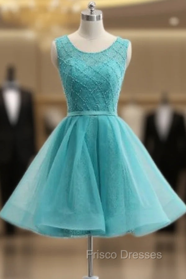Blue Knee Length Lace With Tulle Open Back Cocktail Dress Main image