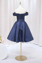 Blue Knee Length Satin Short Formal Prom Dress, Off the Shoulder Blue Homecoming Dress