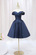 Blue Knee Length Satin Short Formal Prom Dress, Off the Shoulder Blue Homecoming Dress