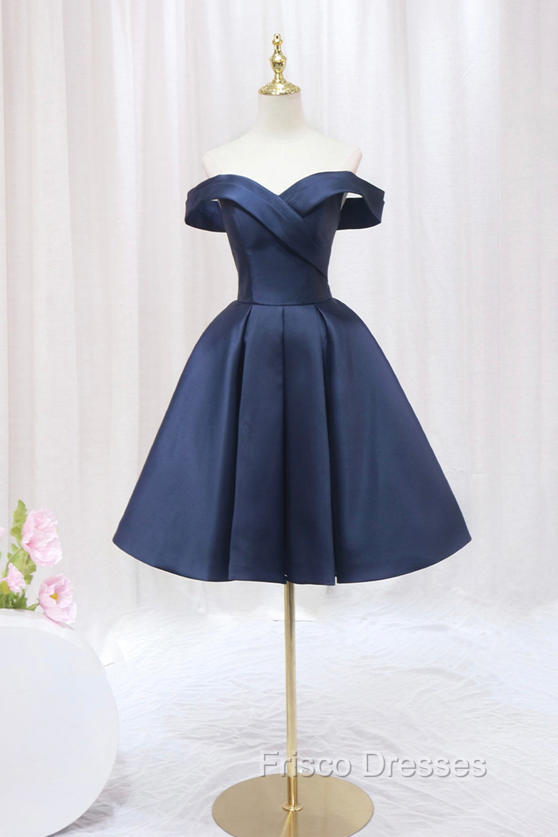 Blue Knee Length Satin Short Formal Prom Dress, Off the Shoulder Blue Homecoming Dress