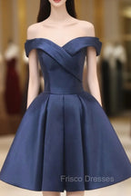 Blue Knee Length Satin Short Formal Prom Dress, Off the Shoulder Blue Homecoming Dress