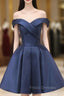 Blue Knee Length Satin Short Formal Prom Dress, Off the Shoulder Blue Homecoming Dress