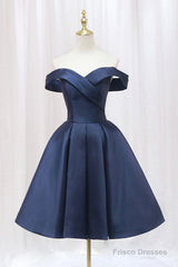 Blue Knee Length Satin Short Prom Dress, Off the Shoulder Blue Homecoming Dress