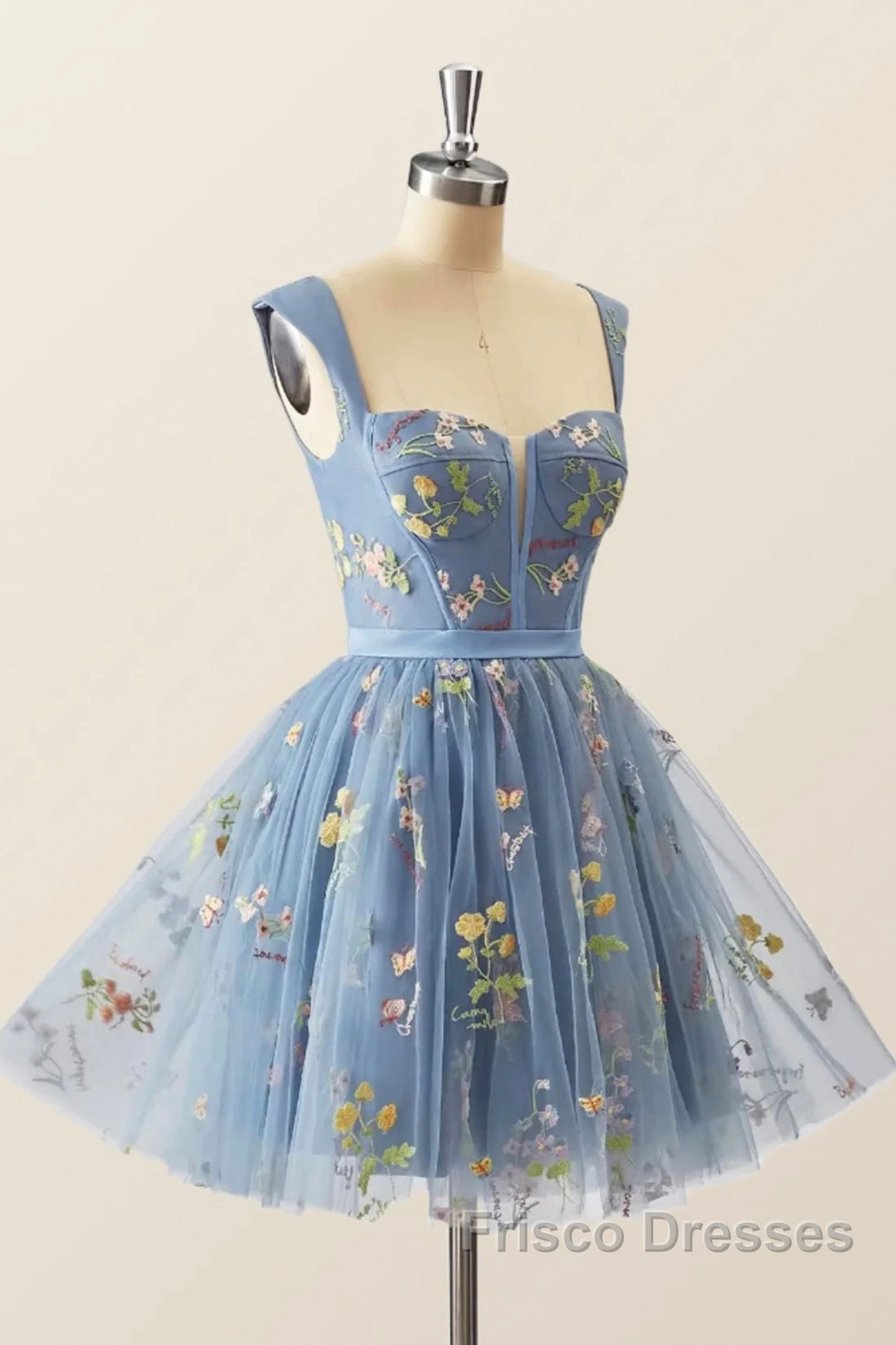 Blue Knee Length Tulle Party Dress, Cute Blue Floral Tulle Homecoming Dress Secondary image