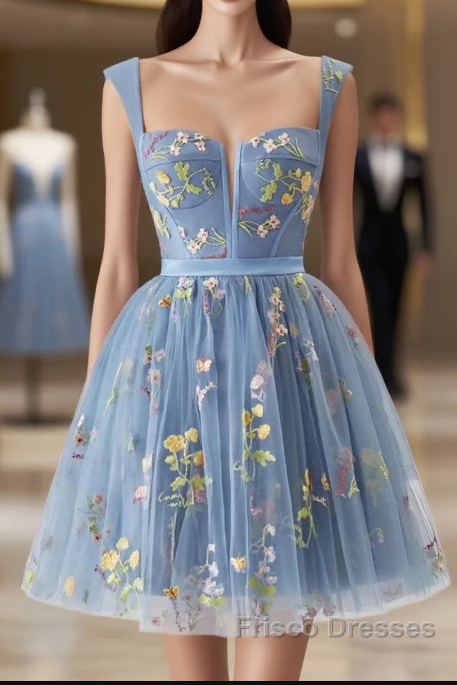 Blue Knee Length Tulle Party Dress, Cute Blue Floral Tulle Homecoming Dress Main image