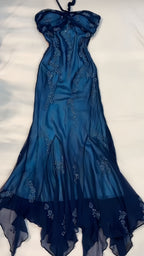Blue Lace Appliques Chiffon Long Evening Prom Dress