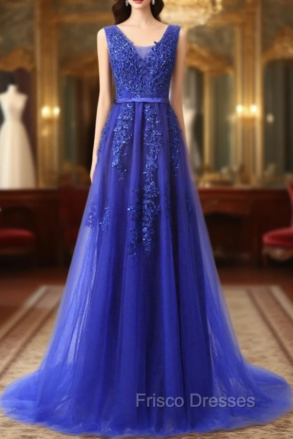 Blue Lace Beading Backless Formal Prom Dress Main image