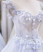 Blue Lace Floral Long Prom Dresses, Blue Lace Flower Long Formal Graduation Dresses