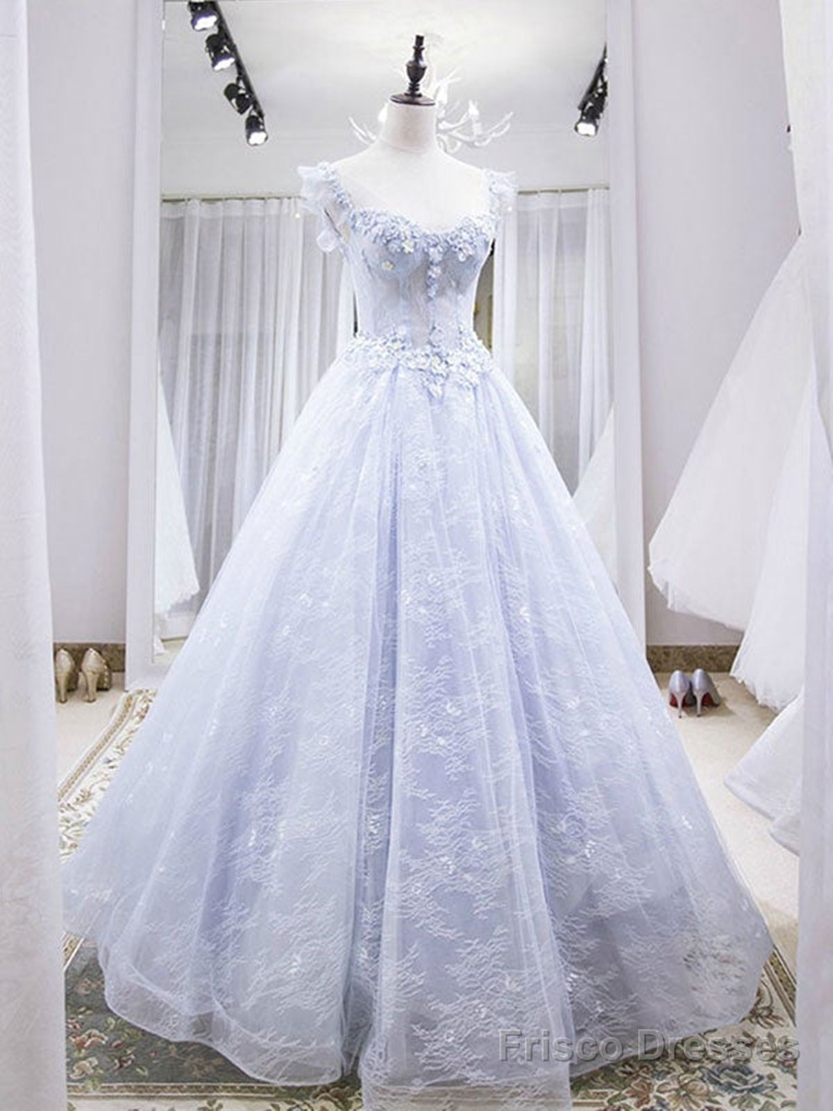 Blue Lace Floral Long Prom Dresses, Blue Lace Flower Long Formal Graduation Dresses Main image