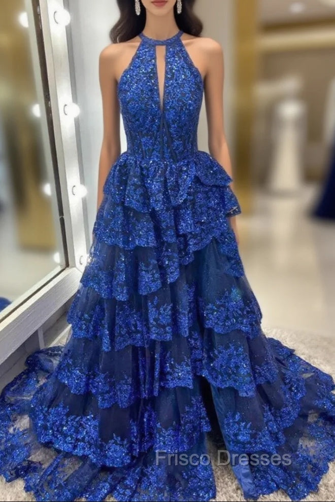 Blue Lace Halter Tiers Formal Prom Dress Main image
