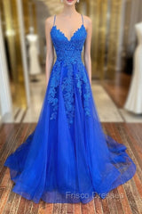 Blue Lace Long A-Line Formal Prom Dress, Elegant V-Neck Formal Evening Dress