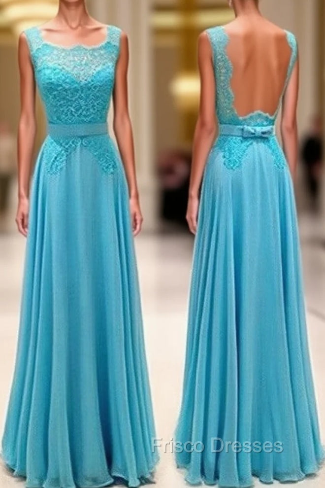 Blue Lace Long Formal Prom Dress, Blue Evening Dress For Teens Main image