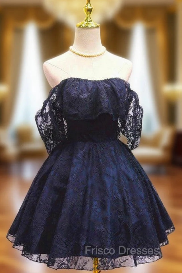 Blue Lace Off Shoulder Short Party Dress, Blue Homecoming Dress Party Dress Main image