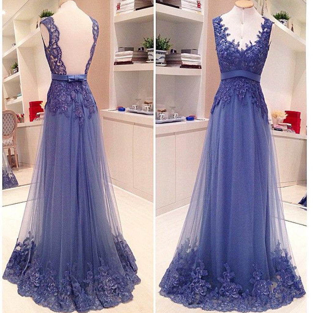 Blue Lace Open Back A-line Elegant Vintage Formal Evening Gown Prom Dress Secondary image