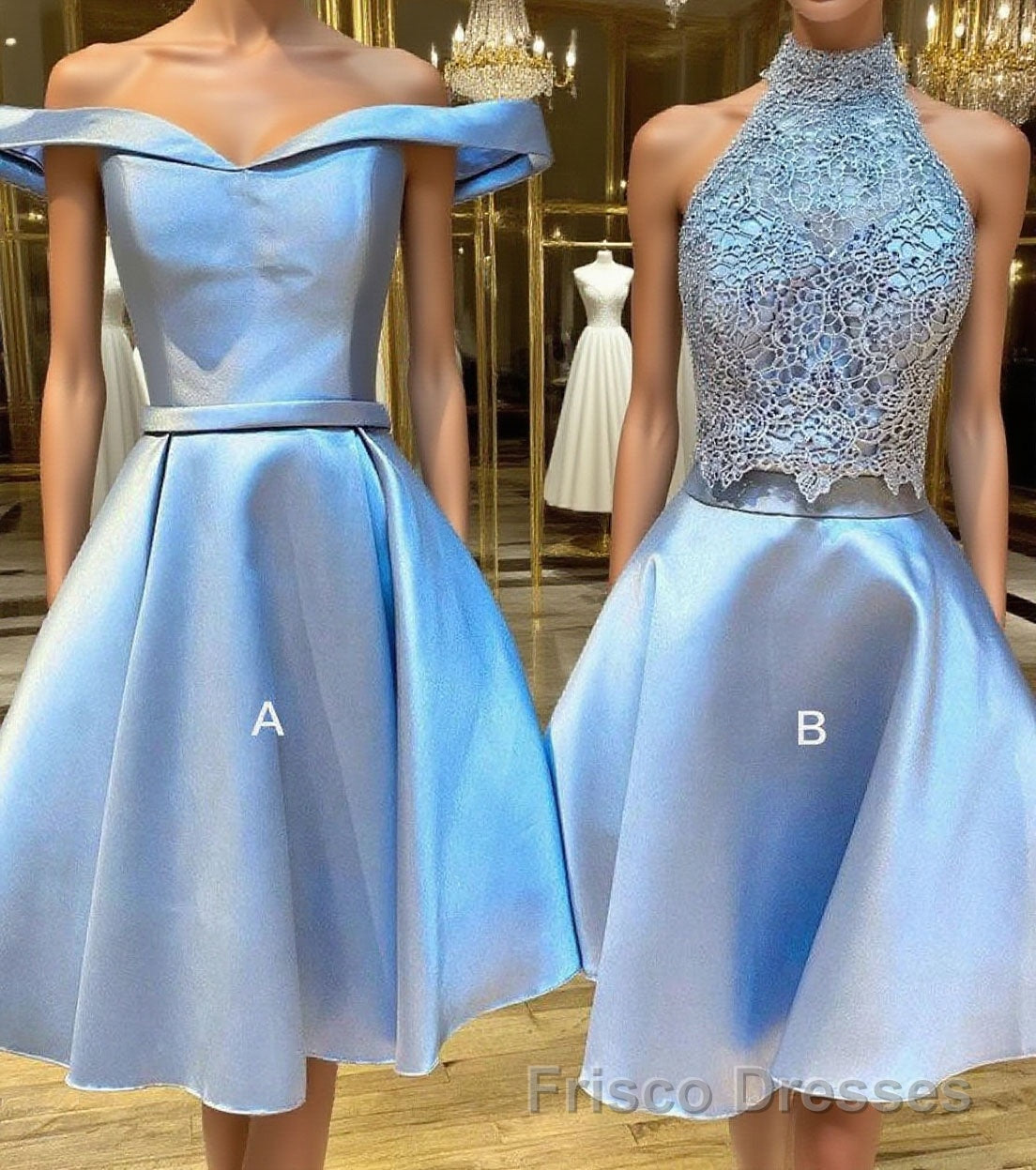 Blue lace satin short Formal Prom Dresses, blue homecoming Dresses
