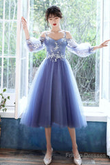 Blue Lace Short A-Line Prom Dress, Blue Spaghetti Strap Evening Party Dress