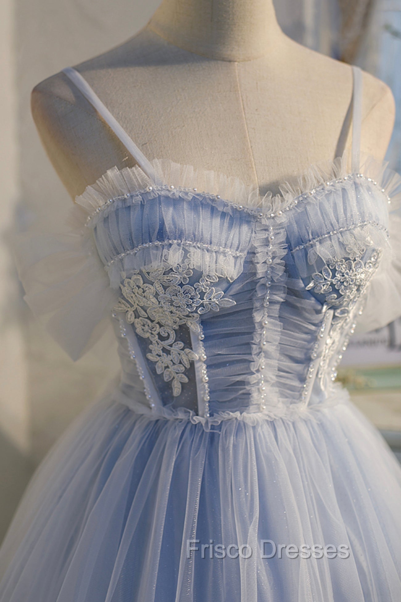 Blue Lace Short A-Line Formal Prom Dress, Blue Spaghetti Straps Homecoming Party Dress