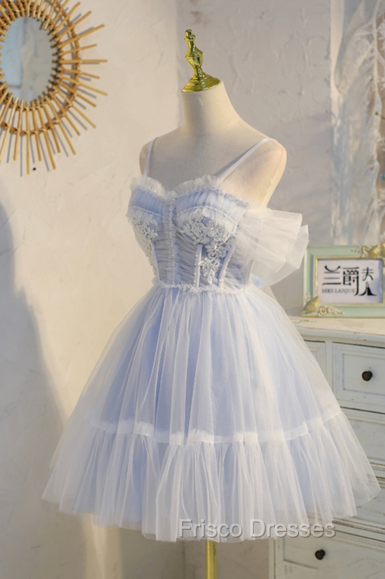 Blue Lace Short A-Line Formal Prom Dress, Blue Spaghetti Straps Homecoming Party Dress