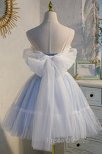 Blue Lace Short A-Line Formal Prom Dress, Blue Spaghetti Straps Homecoming Party Dress