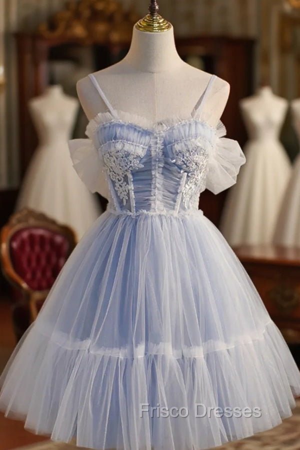 Blue Lace Short A-Line Formal Prom Dress, Blue Spaghetti Straps Homecoming Party Dress