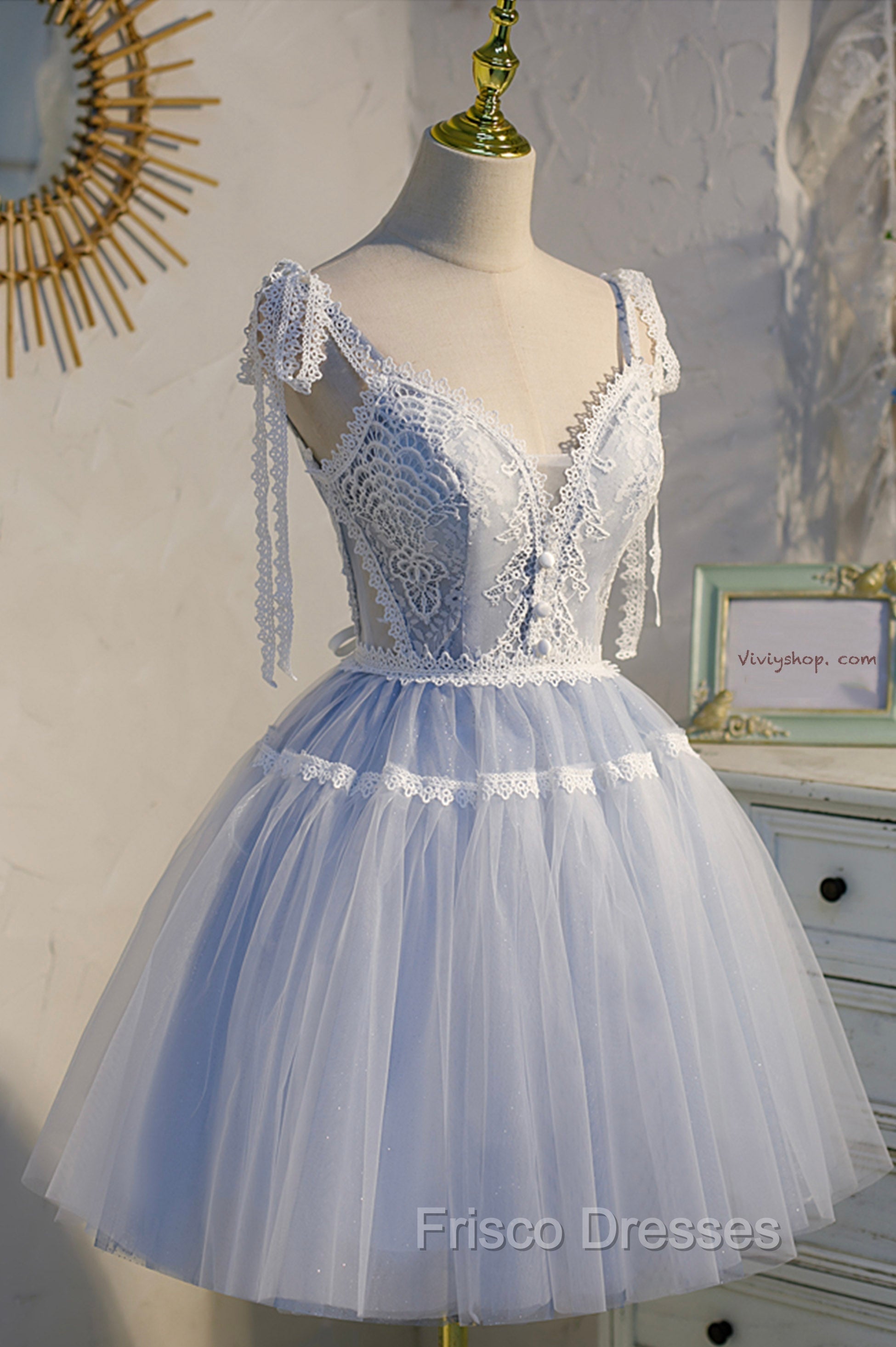Blue Lace Short A-Line Formal Prom Dress, Cute V-Neck Homecoming Party Dress Secondary image