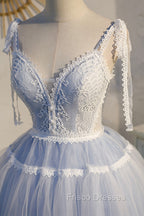 Blue Lace Short A-Line Formal Prom Dress, Cute V-Neck Homecoming Party Dress