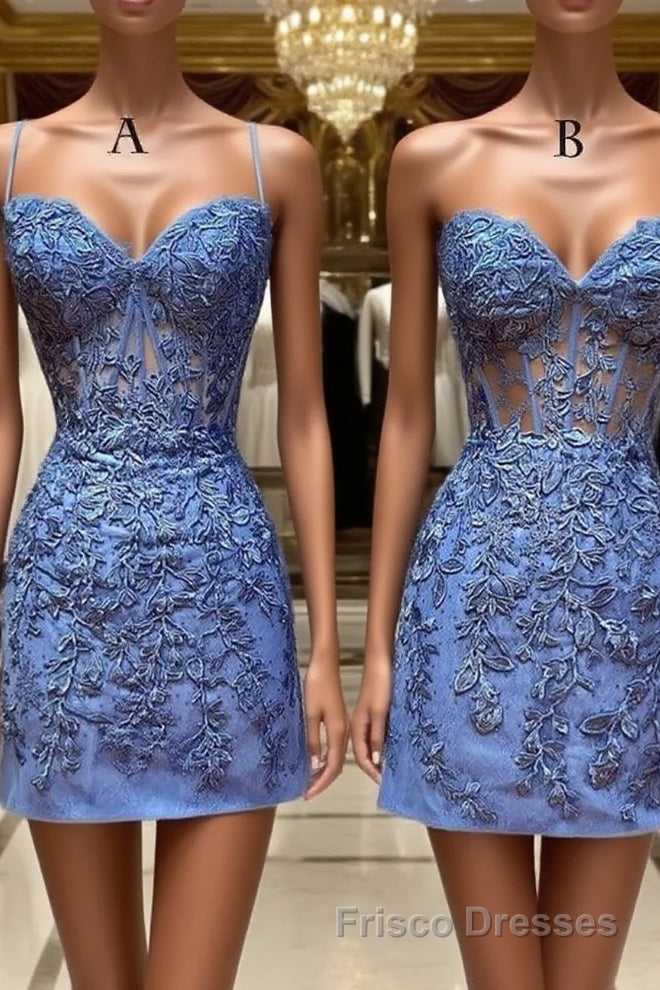 Blue Lace Short Formal Prom Dresses, Blue Homecoming Dresses Main image