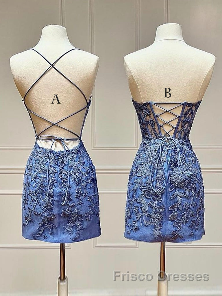 Blue Lace Short Formal Prom Dresses, Blue Homecoming Dresses