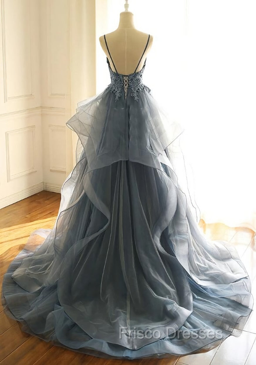 Blue Lace Top with Layers Tulle Formal Prom Dress, New Straps Evening Gown Secondary image