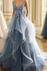 Blue Lace Top with Layers Tulle Formal Prom Dress, New Straps Evening Gown
