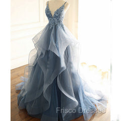 Blue Lace Top with Layers Tulle Formal Prom Dress, New Straps Evening Gown