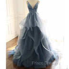 Blue Lace Top with Layers Tulle Formal Prom Dress, New Straps Evening Gown