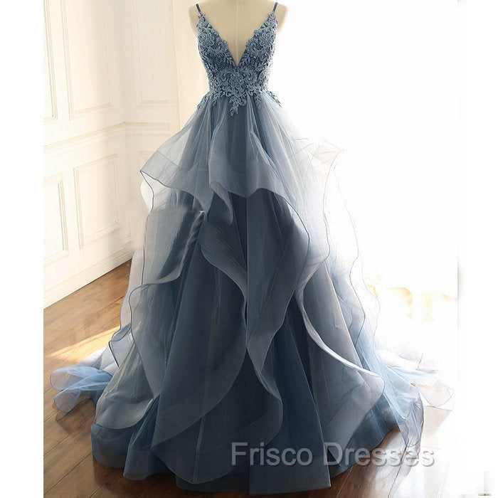 Blue Lace Top with Layers Tulle Formal Prom Dress, New Straps Evening Gown