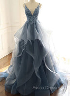 Blue Lace Top with Layers Tulle Formal Prom Dress, New Straps Evening Gown